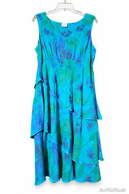 CLICK Color Me Cotton Blue Floral Tiered Cupro Rayon Dress USA Large Artsy Boho